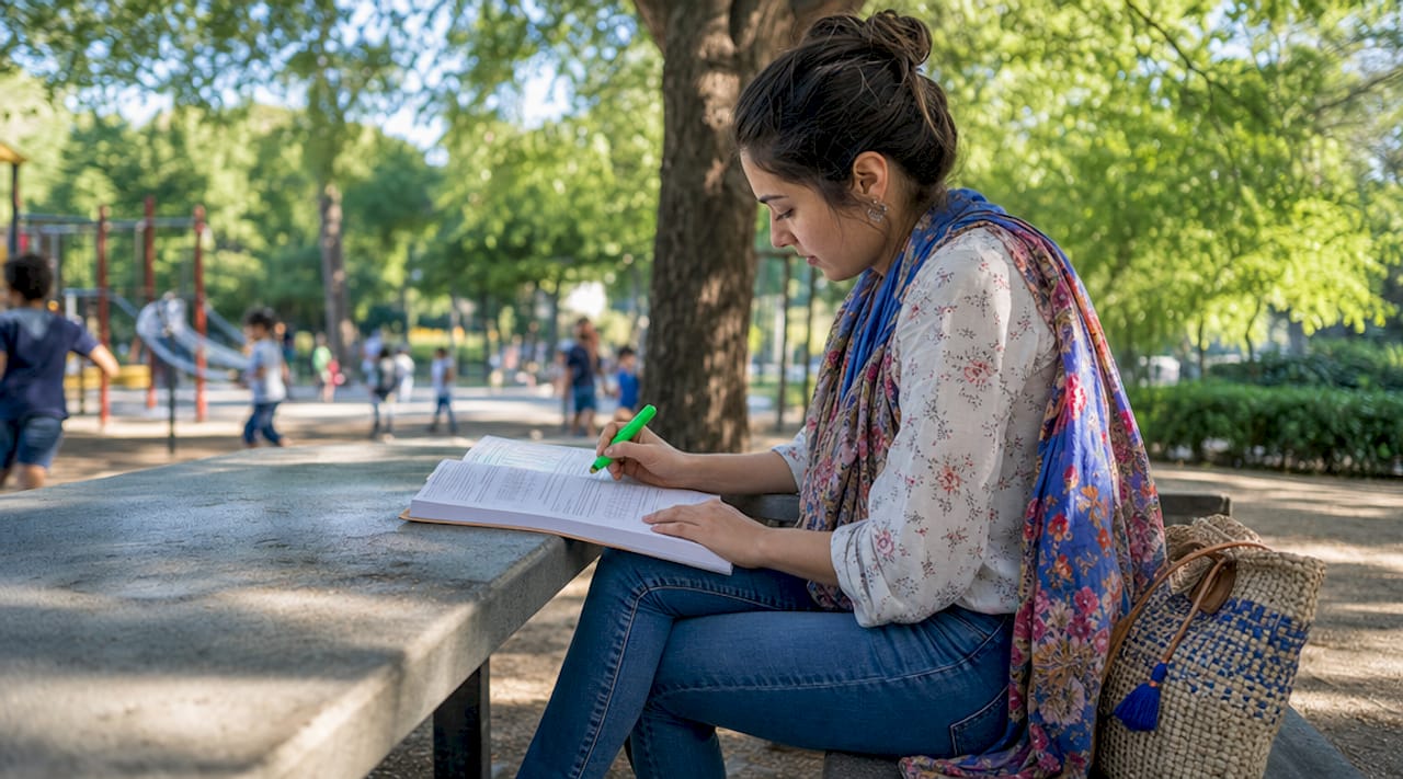 Hands reviewing Spanish grammar workbook