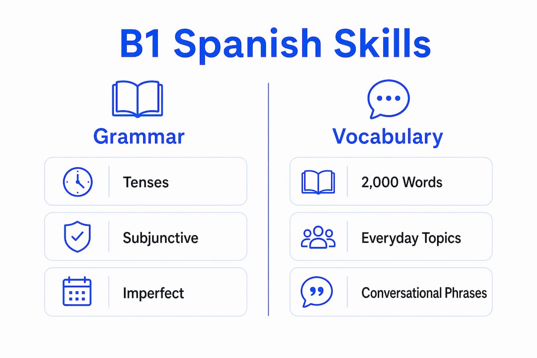 Infographic illustrating B1 Spanish grammar and vocabulary skills