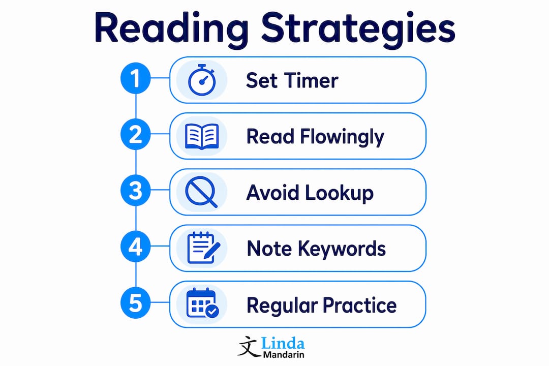Infographic showing five key Mandarin reading strategies