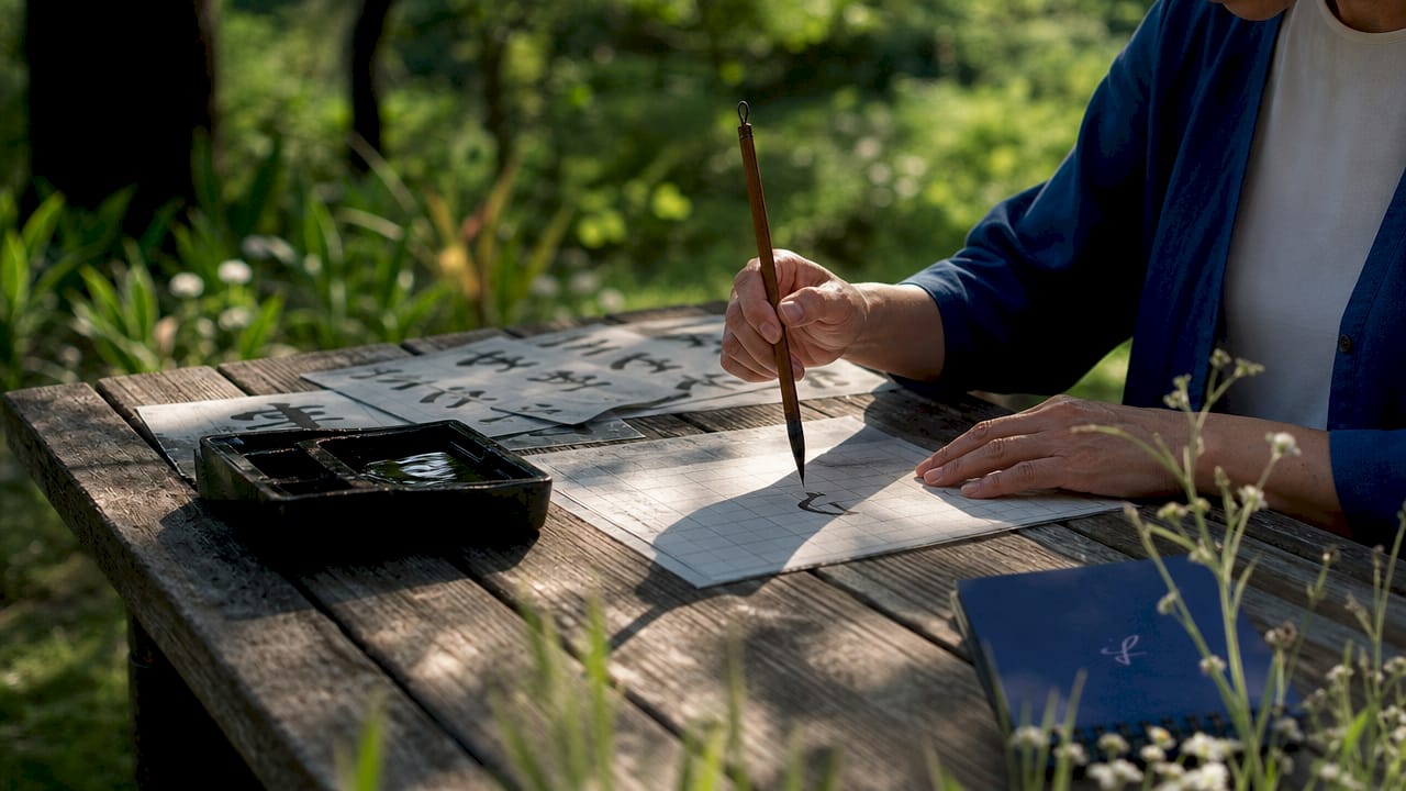 Hands practicing Japanese calligraphy strokes