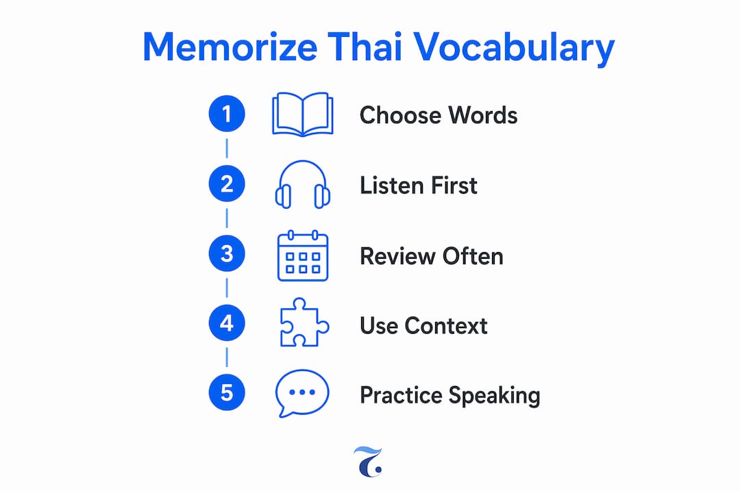 Infographic showing Thai vocabulary memorization steps