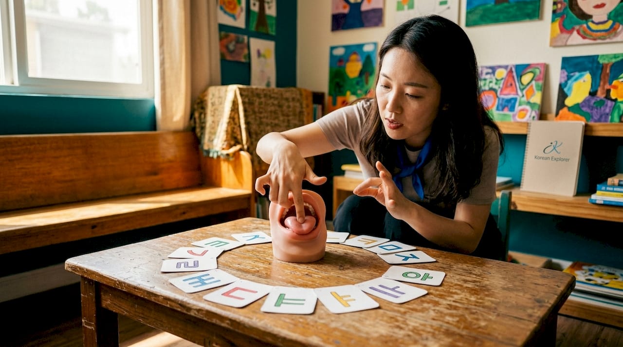 Hands demonstrating Hangul pronunciation model
