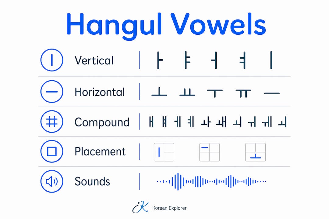 Infographic showing basic Hangul vowel categories and characteristics