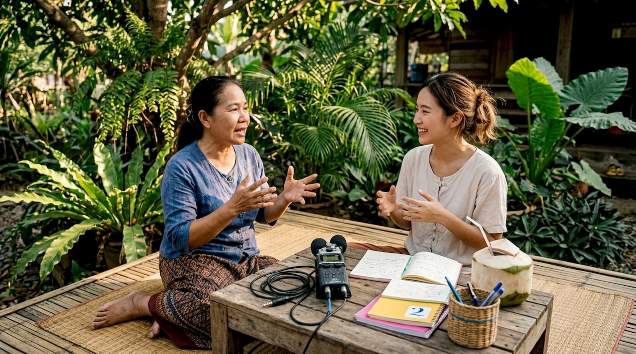 Two Thai women conversing in dialects indoors
