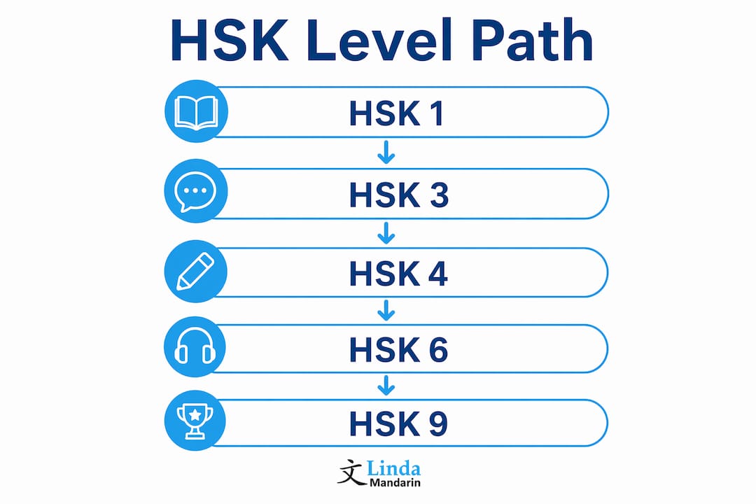 Vertical flow infographic of HSK level progression