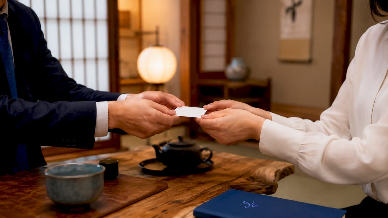 Hands exchanging business cards respectfully