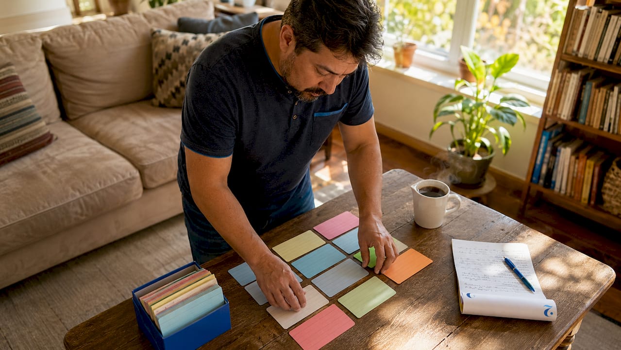 Man organizing daily language training binder