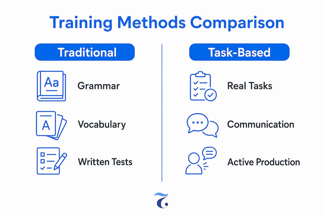 Infographic comparing traditional and task-based language training