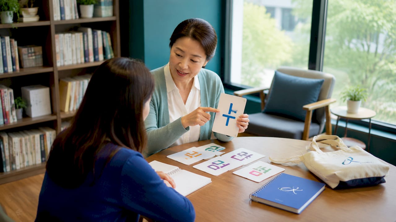 Native Korean teacher explaining Korean script