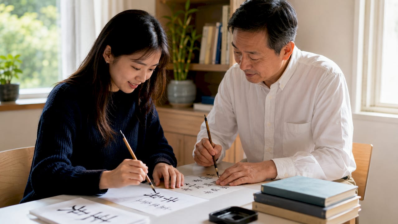 Hands practicing Mandarin calligraphy with brush pens