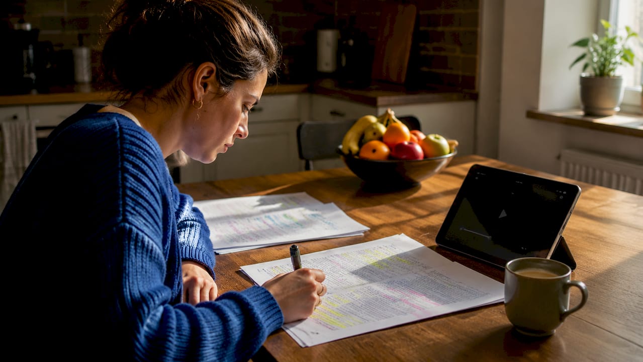 Spanish test papers and listening materials on desk