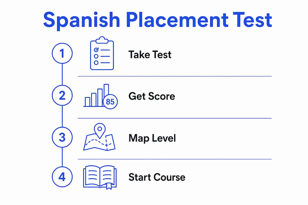 Infographic showing Spanish placement test steps
