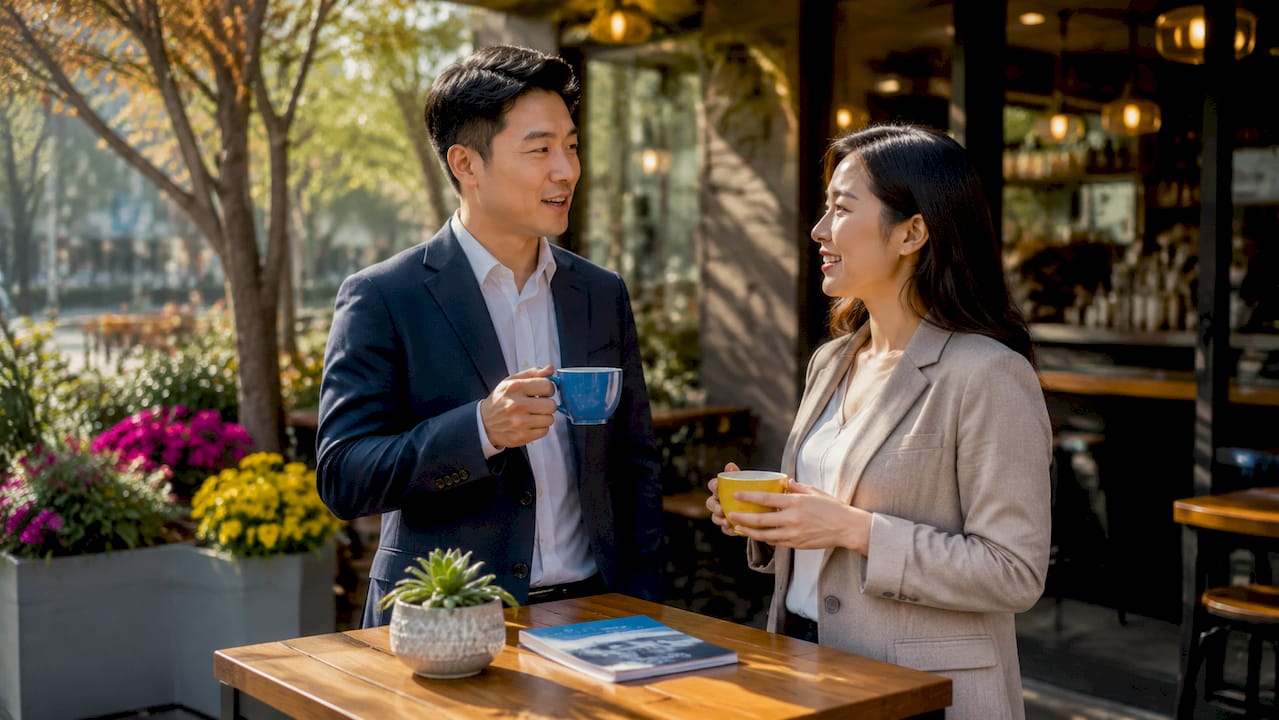 Colleagues conversing in practical Mandarin at office