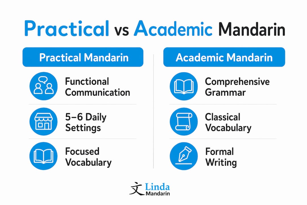 Infographic comparing practical and academic Mandarin features