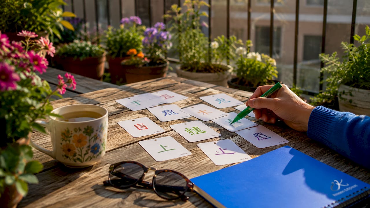 Hangeul alphabet flashcards on desk with hand pointer