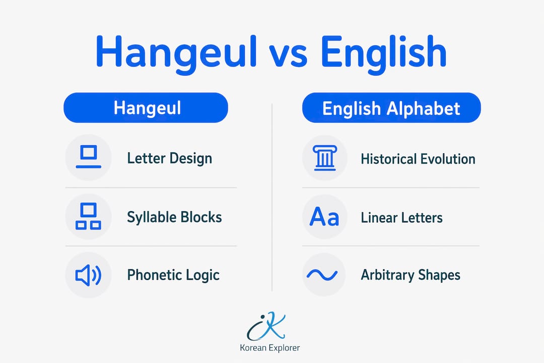 Comparison infographic of Hangeul and English alphabets