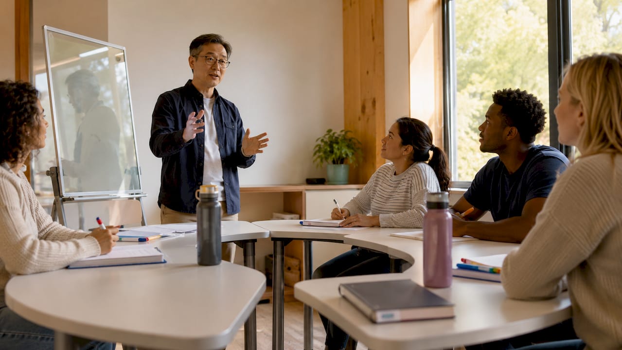 Instructor guiding diverse students using tech tools