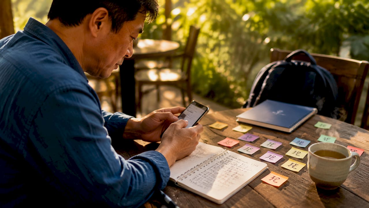 Hands using smartphone flashcard app for Japanese