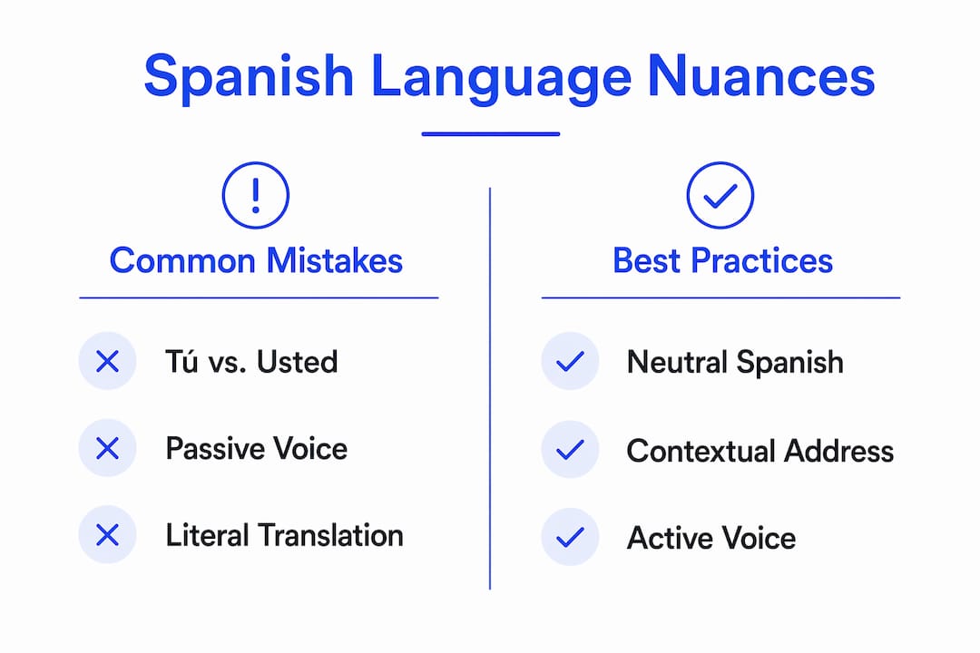 Infographic showing Spanish language mistakes vs best practices