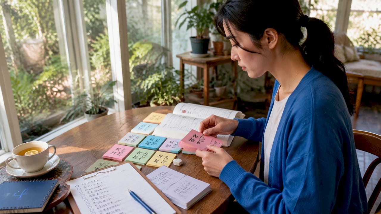 Overhead view of JLPT flashcards and study materials