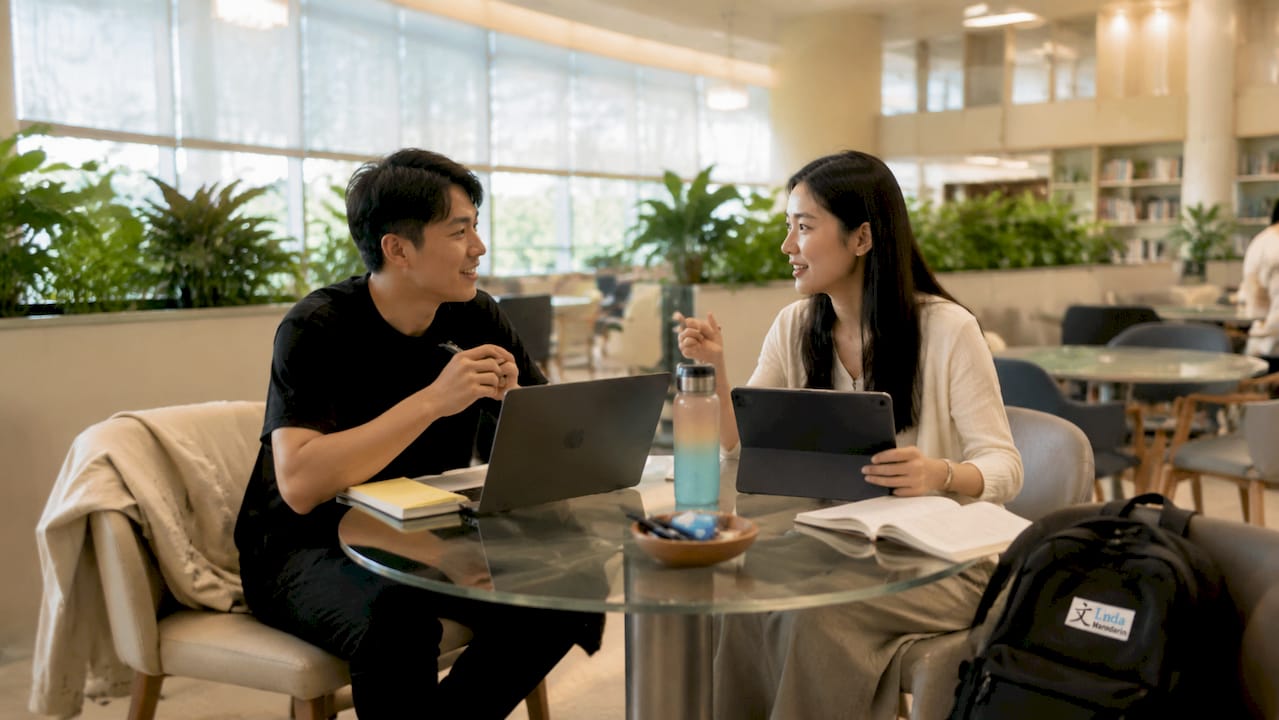 Two students studying together at university table
