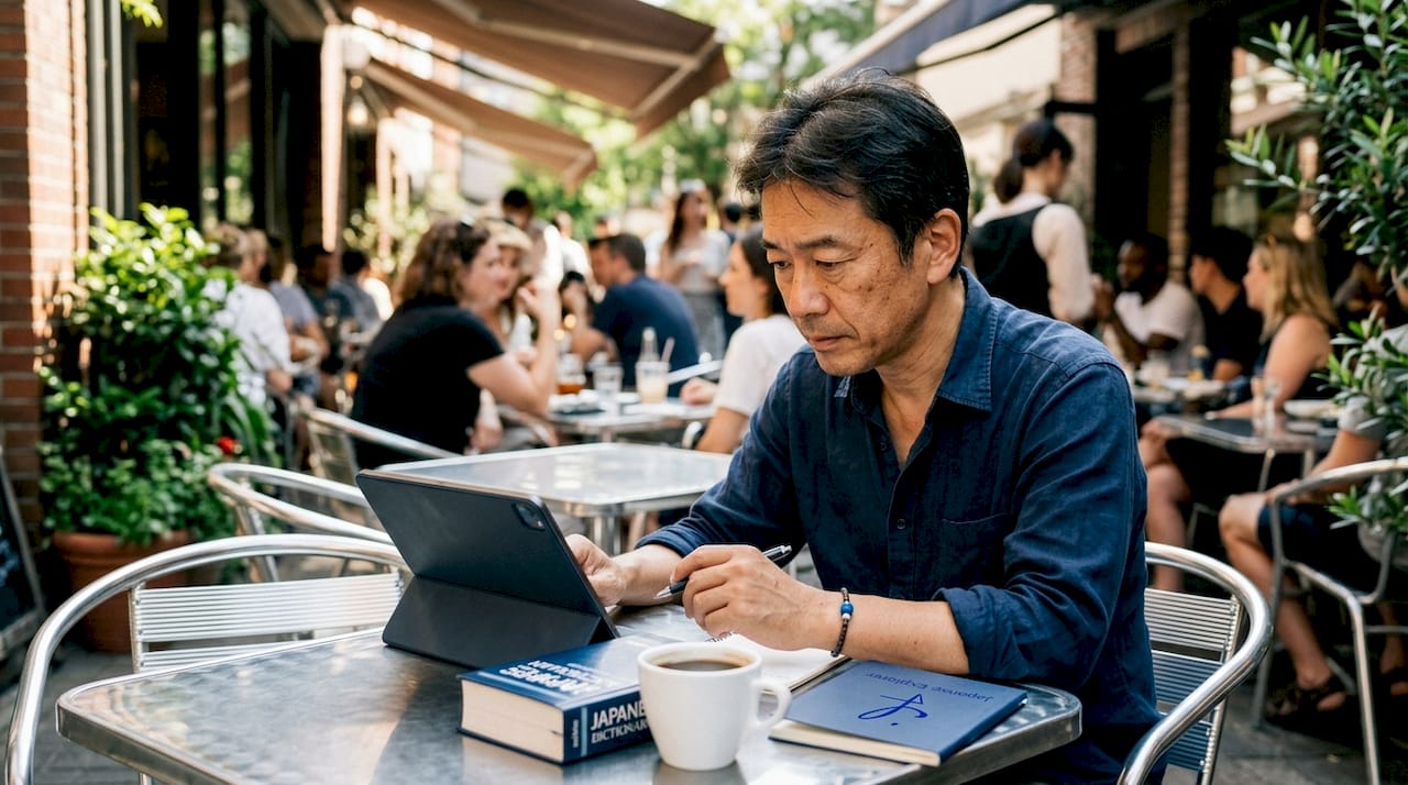 Man practicing Japanese speaking with tablet