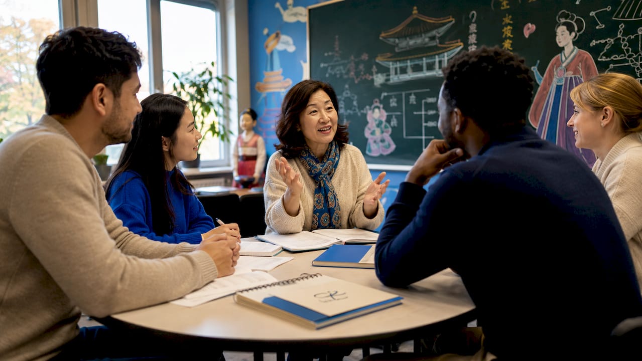 Diverse students practicing Korean with instructor in classroom