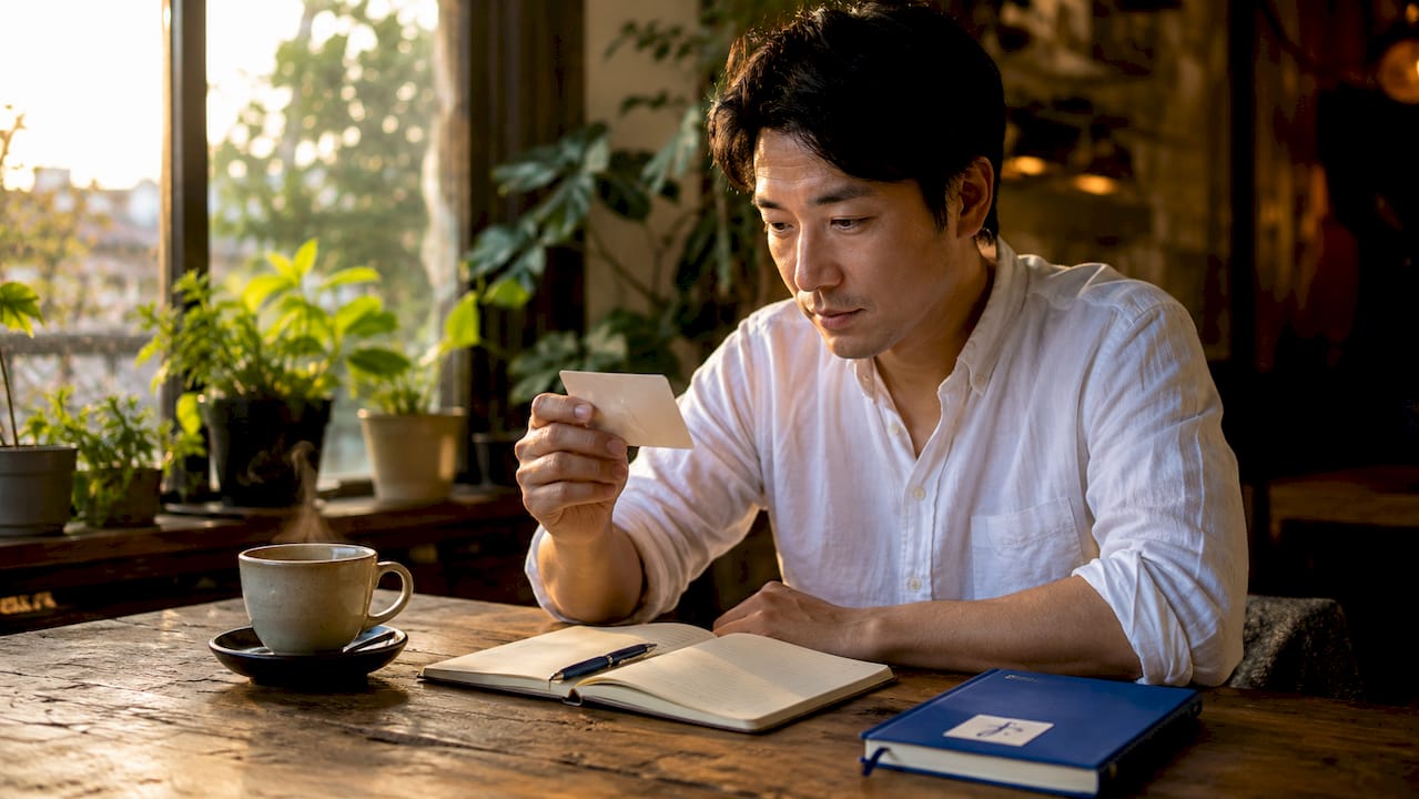 Man using Japanese vocabulary flashcards at desk