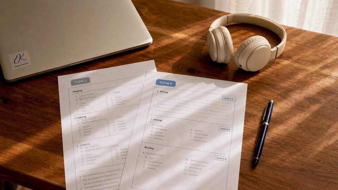 Flat lay of TOPIK I and II exam sheets with pen and headphones