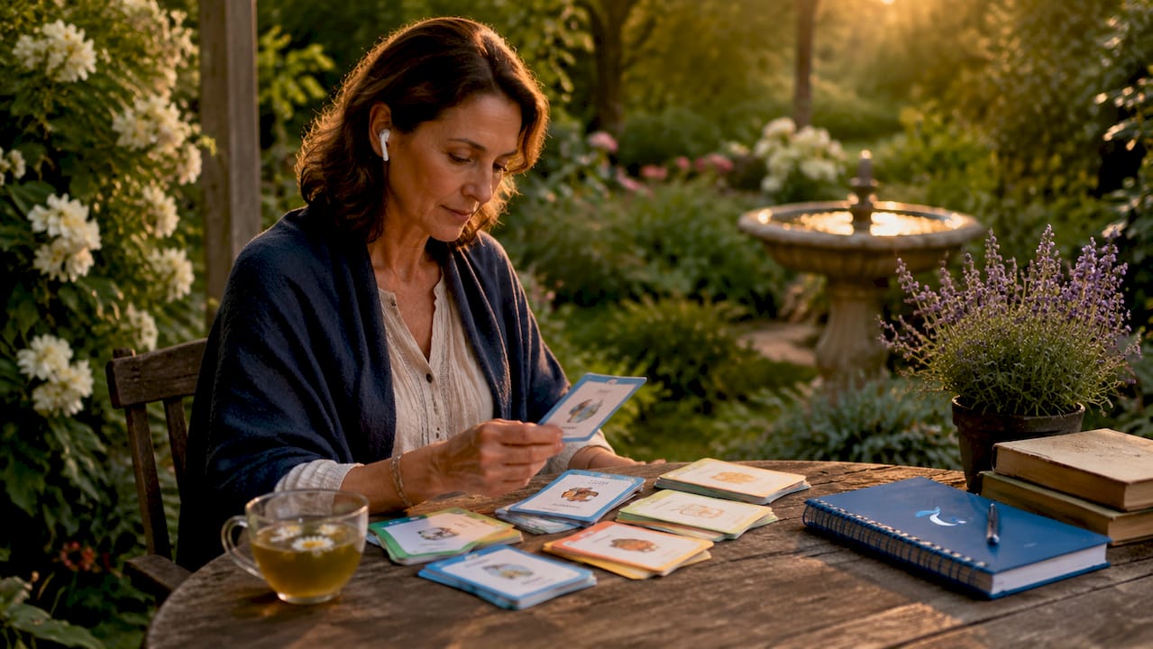 Woman listening to Thai audio lessons with flashcards