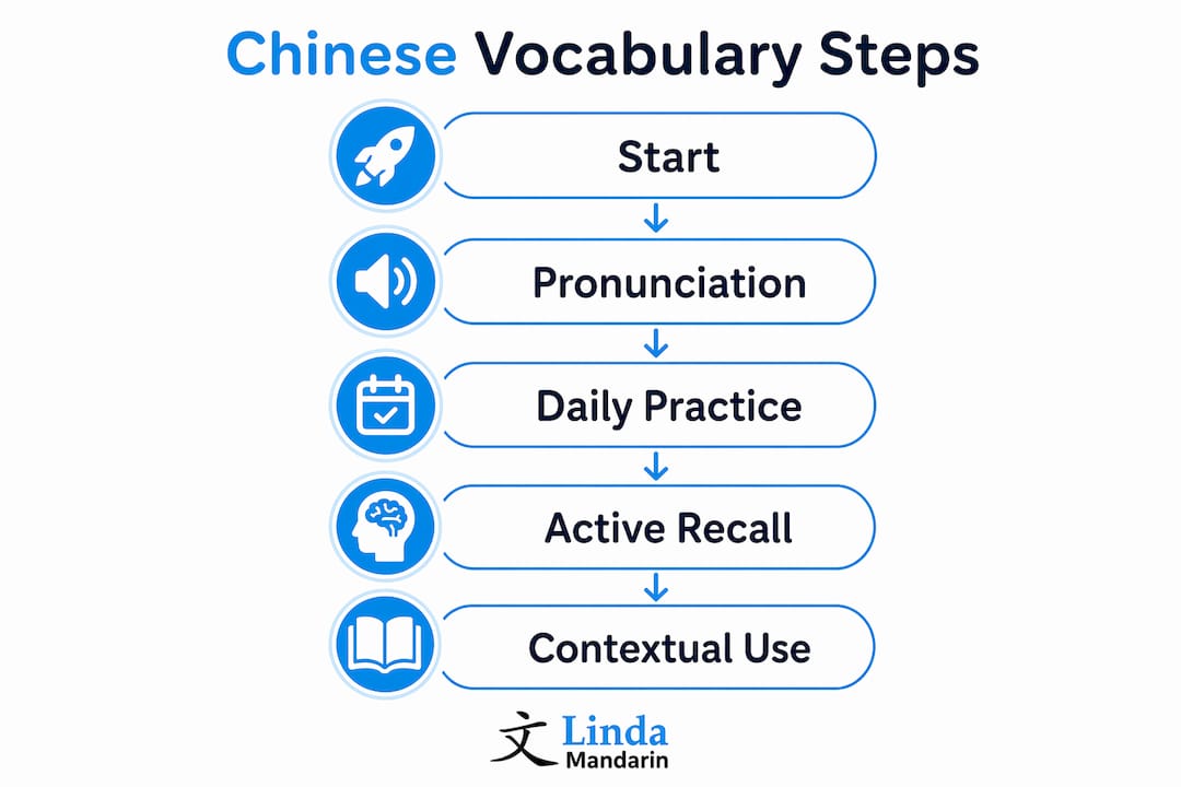 Infographic illustrating steps to learn Chinese vocabulary
