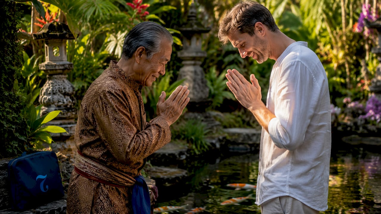 Respectful wai greeting between expat and Thai elder