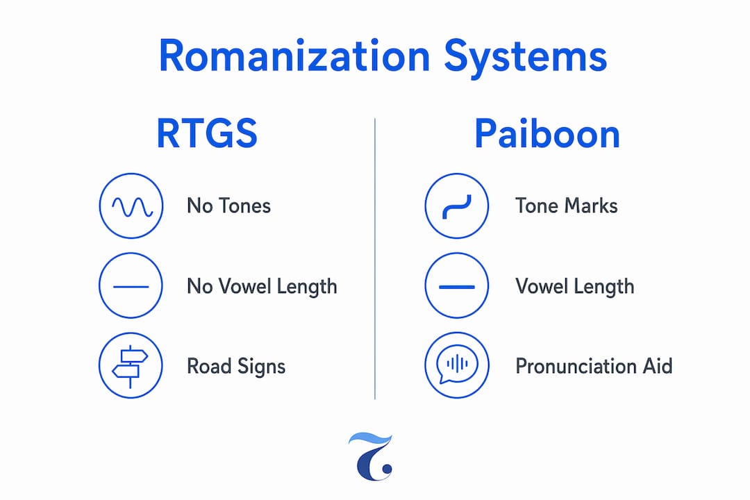 Infographic comparing RTGS and Paiboon romanization systems