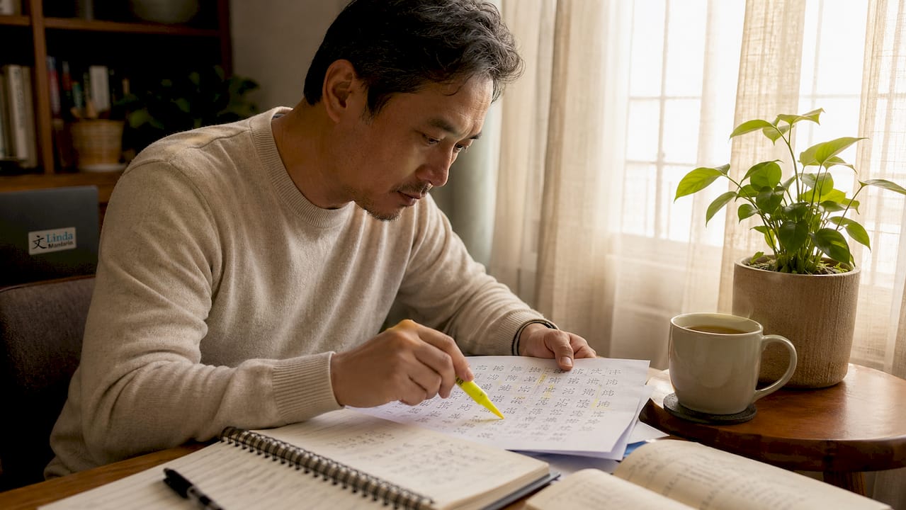 Overhead view of Mandarin grammar study materials