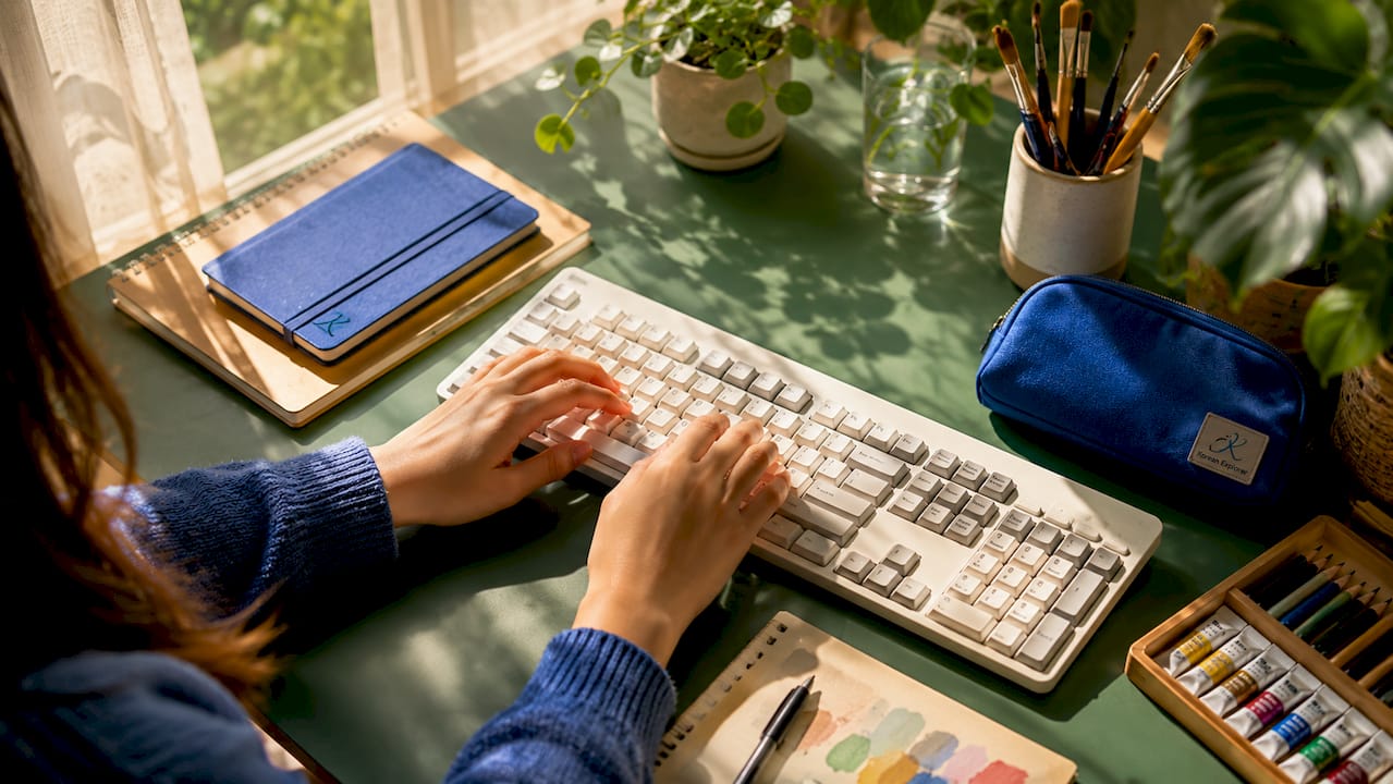Hands typing on Korean 2-set keyboard close-up