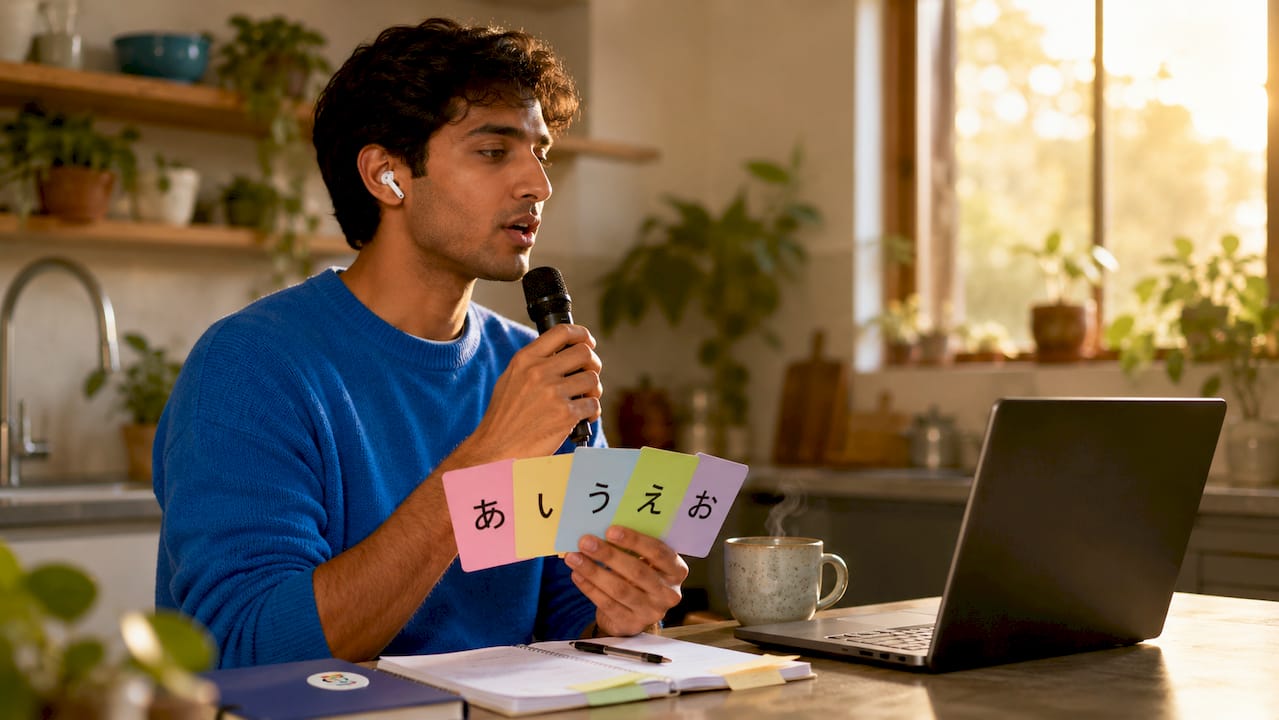Man practicing Japanese vowel sounds with microphone