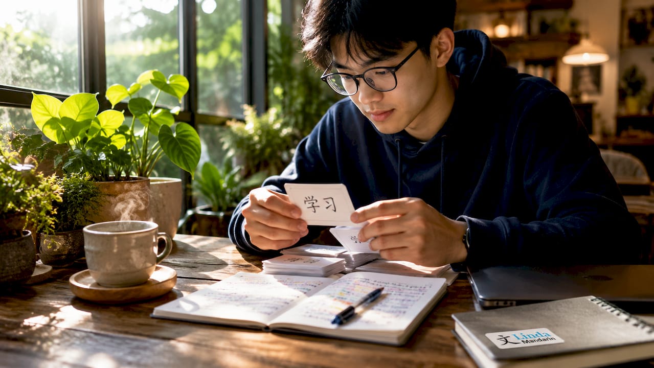 Young man studying Mandarin flashcards at desk