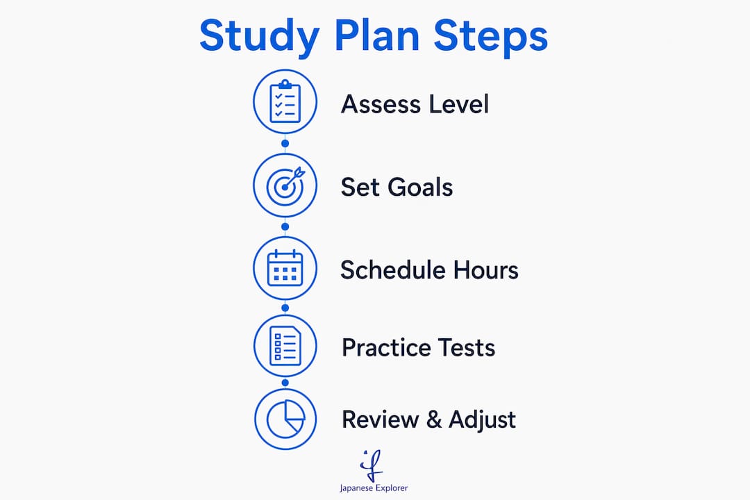 Infographic outlining study plan steps for Japanese exams