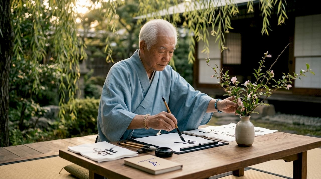 Hands crafting Japanese calligraphy and ikebana arts