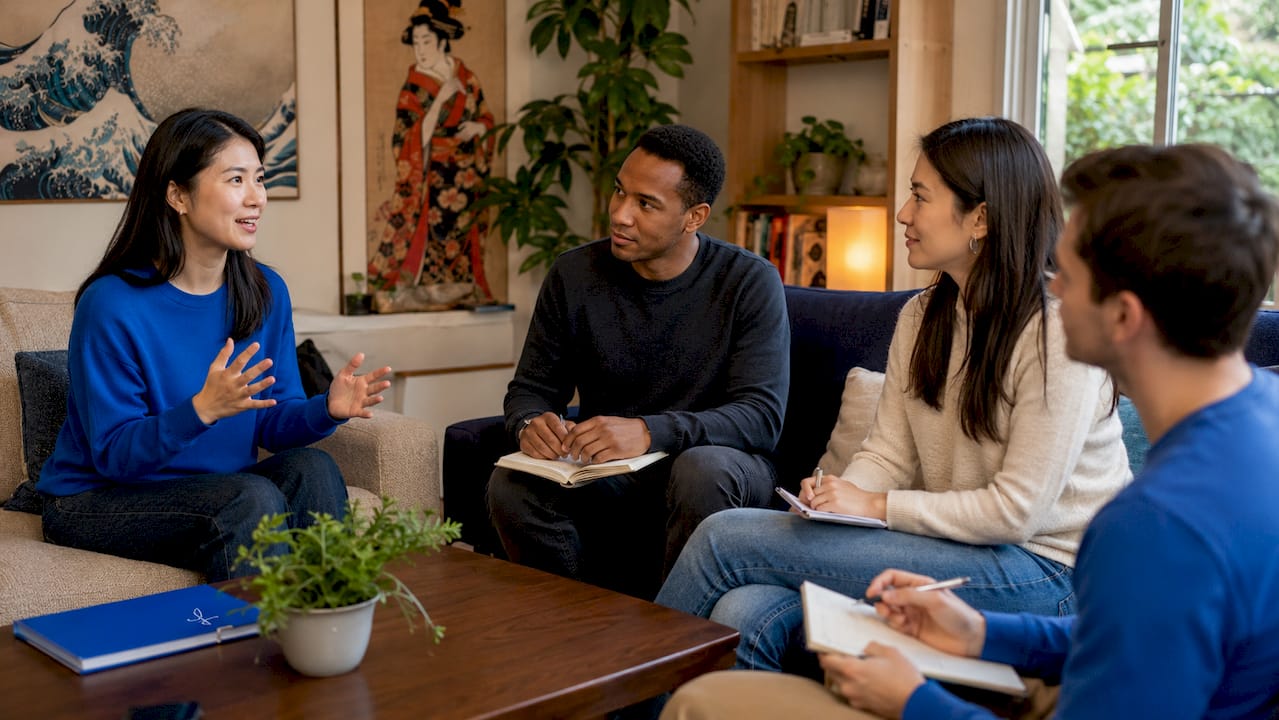 Adults practicing Japanese speaking in role-play class