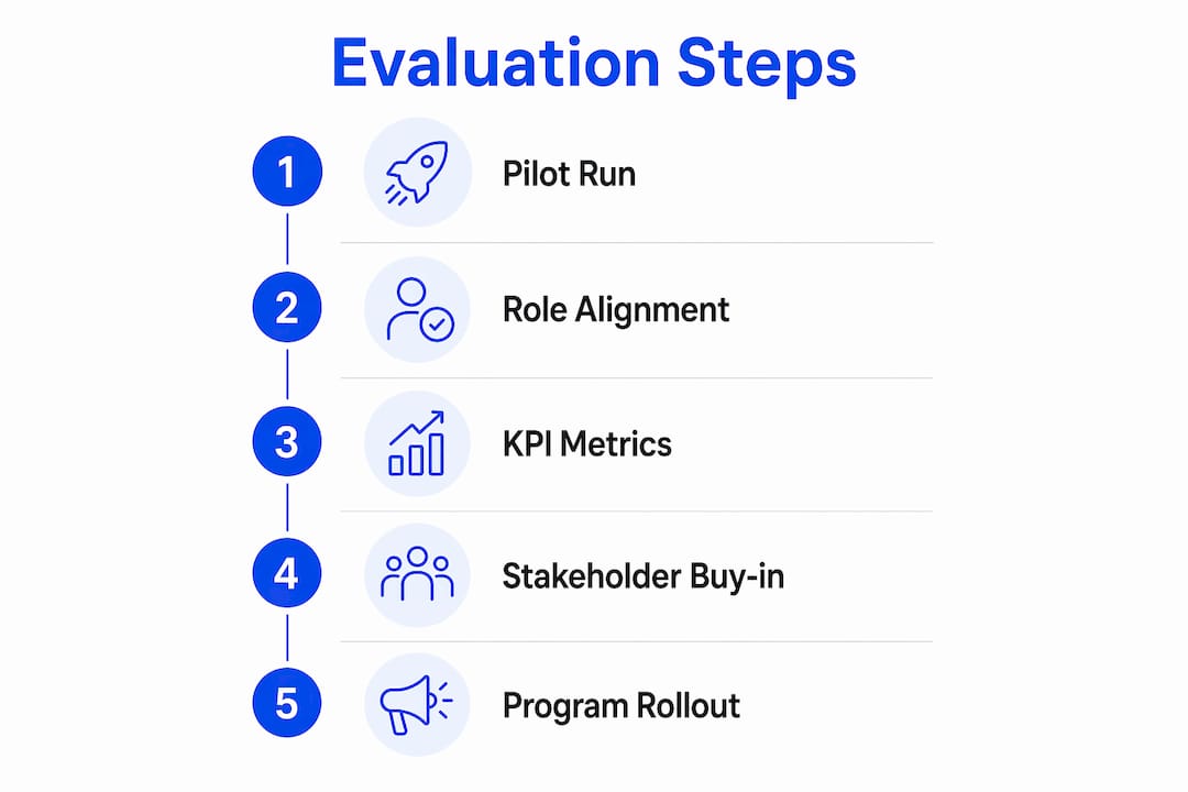 Infographic outlining business Spanish program evaluation steps