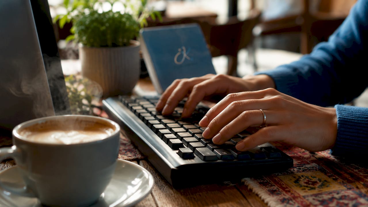 Close-up hands typing on Korean 2-set keyboard