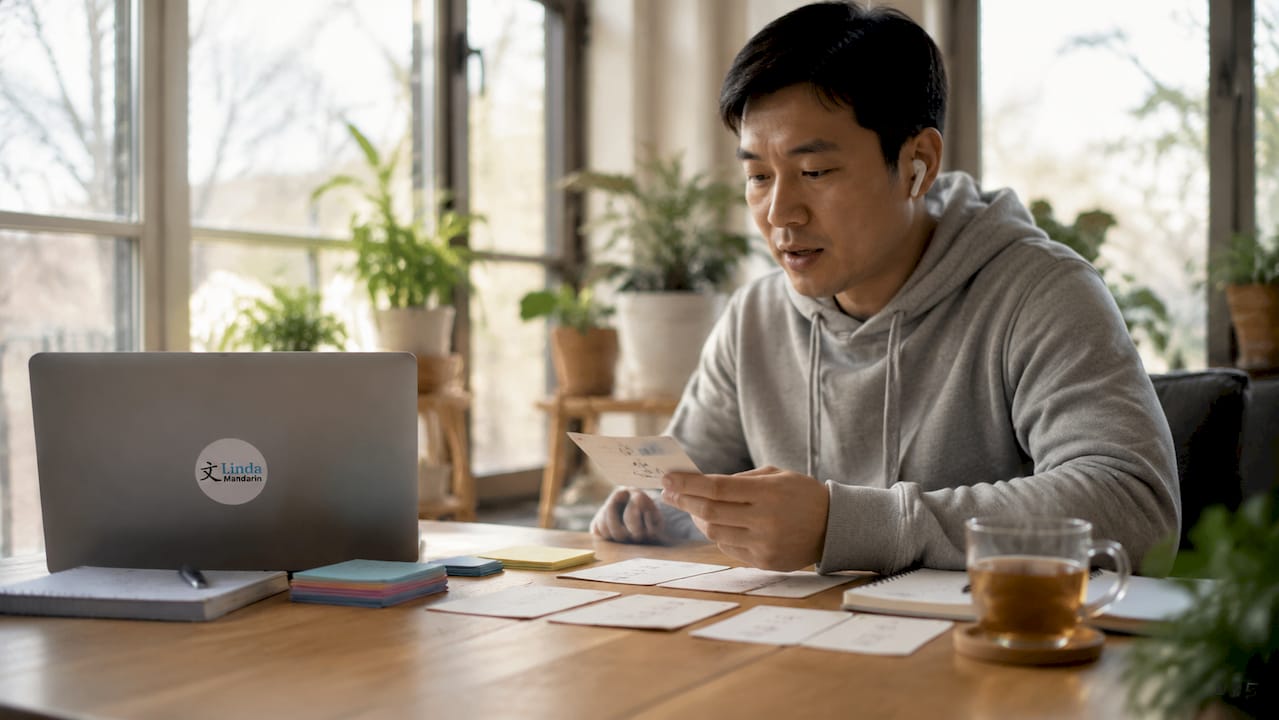 Man practicing Mandarin speaking with flashcards