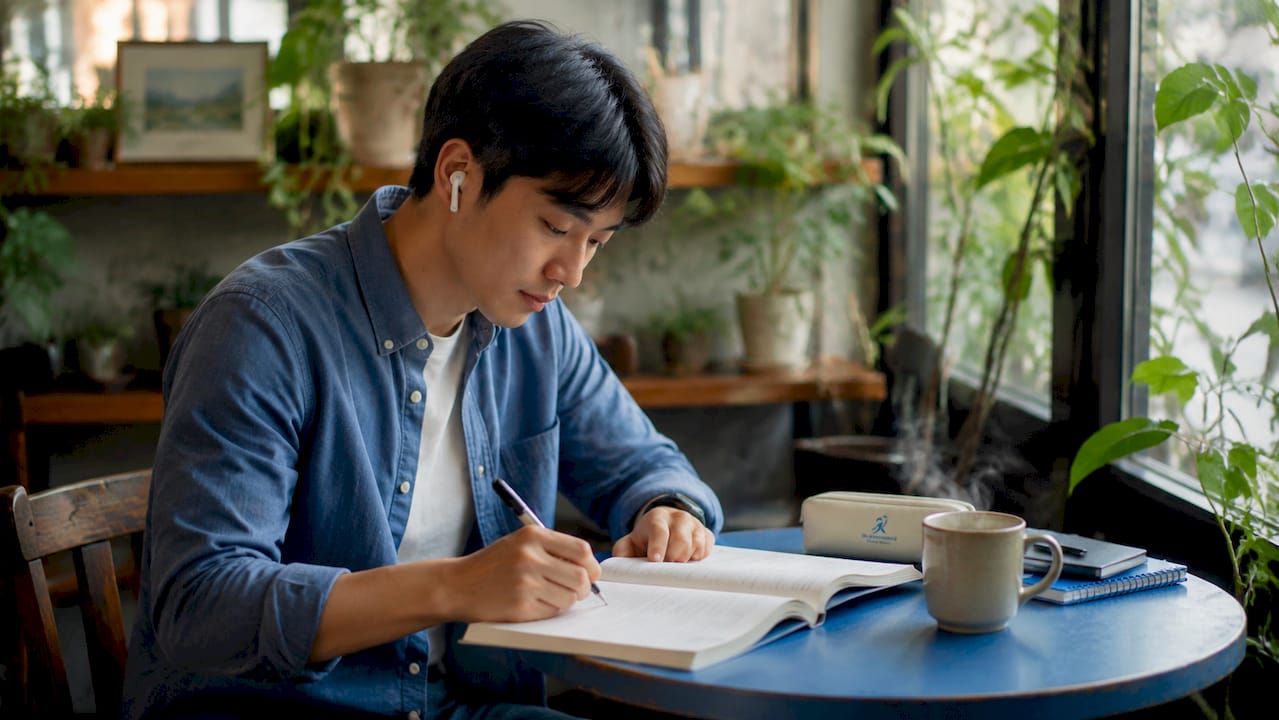 Man studying Korean songs with notes in library