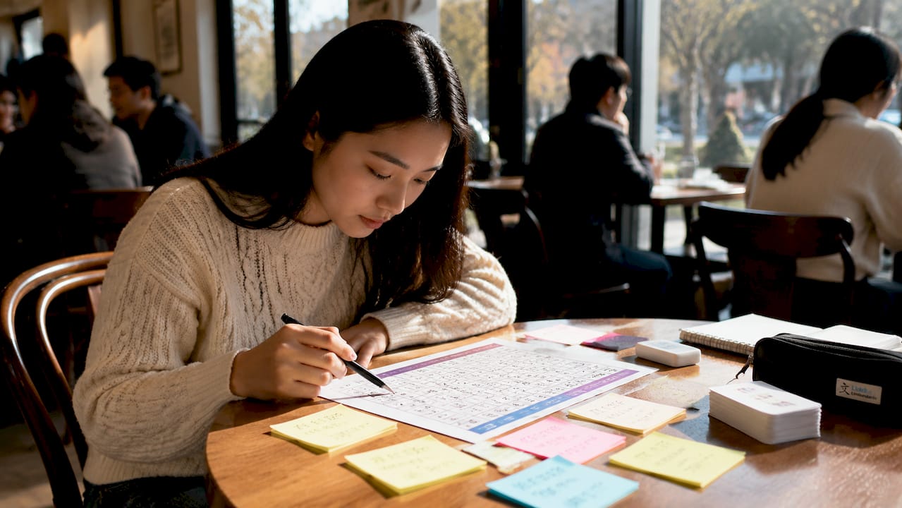 Close-up of Mandarin Pinyin chart with study materials