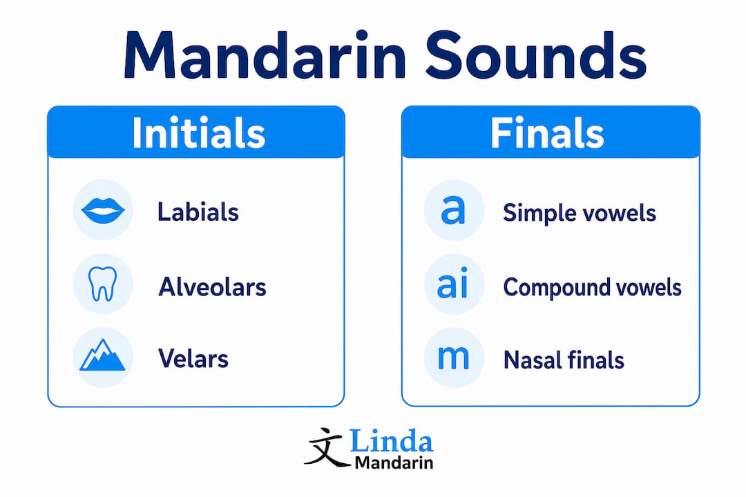 Infographic comparing Mandarin initials and finals categories