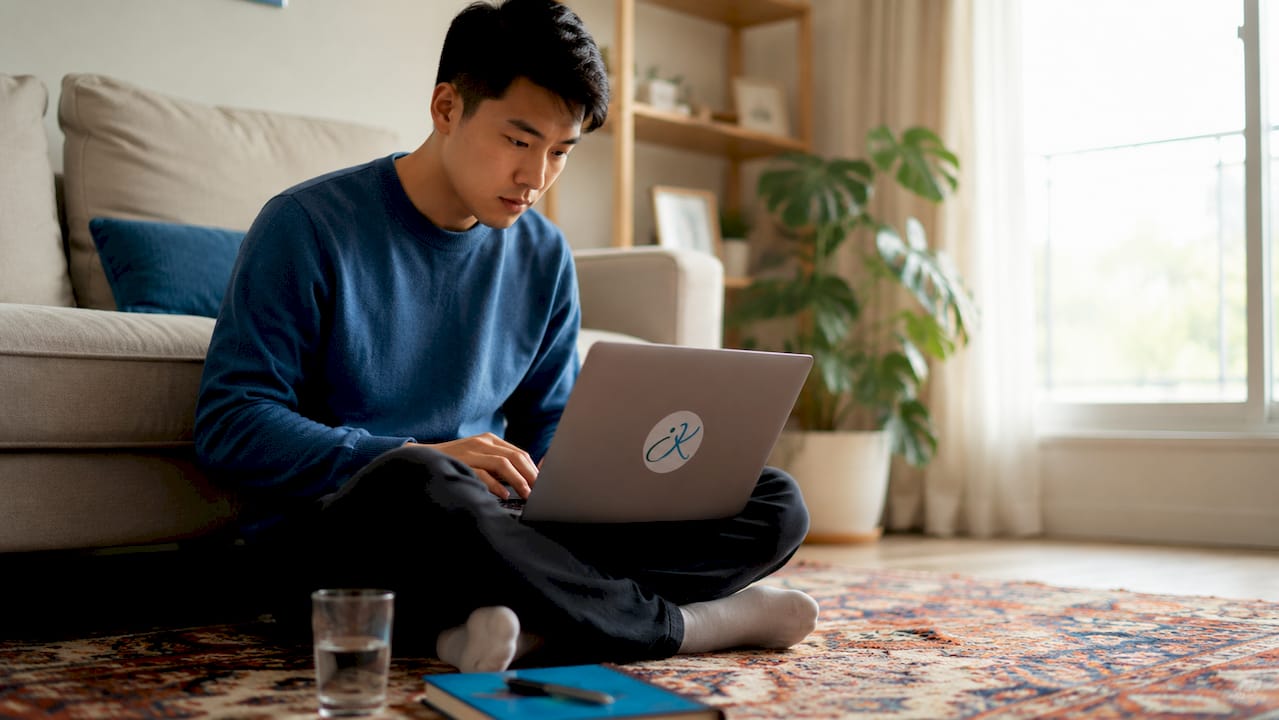 Young man practicing language with AI tool at home desk