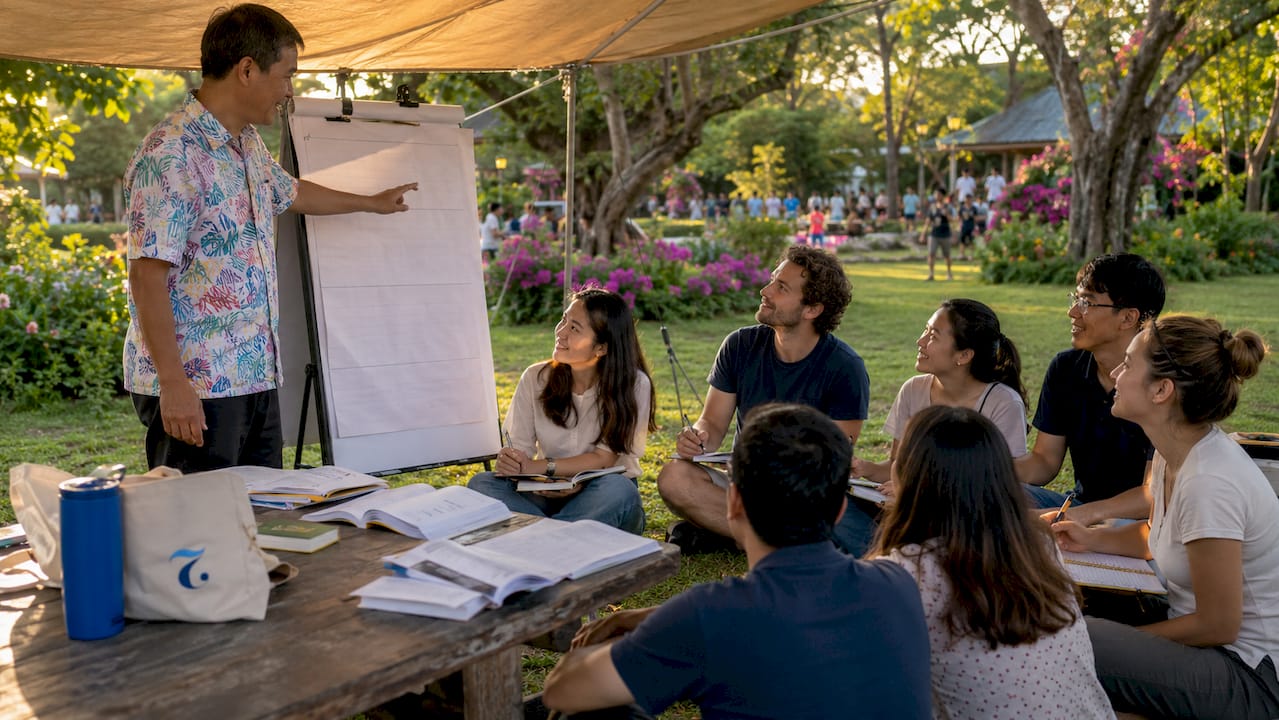 Teacher explaining formal vs informal Thai in classroom