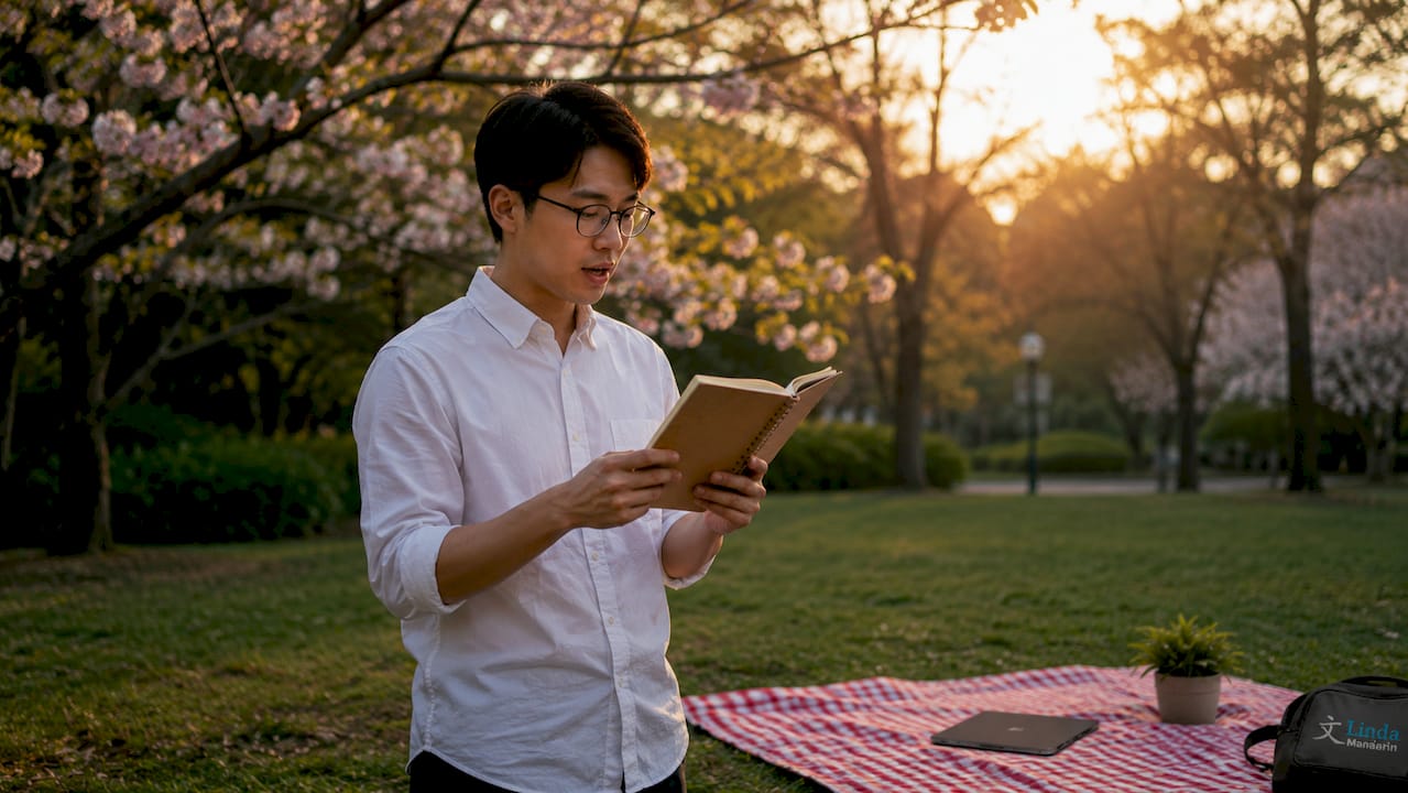 Young man practicing Mandarin self introduction at café