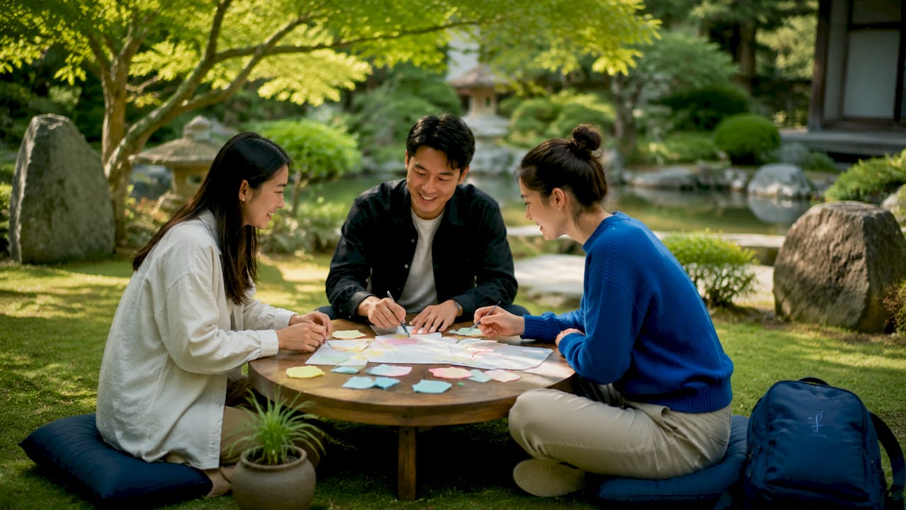 Hands arranging notes in Japanese group meeting